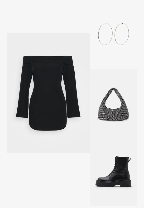 Črna obleka brez naramnic z dolgimi rokavi, strukturiranim korzetom in oprijetim silhueto. Narejena iz gladkega blaga brez vidnih vzorcev.; Črne usnjene gležnjarje z okroglo konico, vezalnim sprednjim delom in debelim gumijastim podplatom z teksturiranim profilom. Zanka na hrbtni strani.; Črna torba s ukrivljenim, hobo oblikovanjem, teksturirana tkanina z značilnimi srebrnimi zakovicami. En sam zgornji ročaj, zadrga za zapiranje in mehak profil.; Srebrne obročaste uhane z gladkim, okroglim dizajnom in poliranim zaključkom. So tanke in lahke, z enostavnim zapiranjem na sponko.
