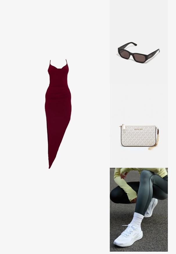 Bordo uska haljina s trakama, sa prorezom sa strane i naboranim detaljima na struku, izrađena od elastičnog materijala.; Bijele sportske tenisice s mrežastim gornjim dijelom, ravnim vezicama i podstavljenim đonom, u kombinaciji s tamnozelenim tajicama i svijetložutom majicom dugih rukava.; Crna pravokutna sunčana naočala s tamnim lećama. Imaju glatki plastični okvir i detalj sa logom na sljepoočnici. Čist, moderan dizajn.; Michael Kors novčanik na zapešću u bež premazanoj tkanini s ponavljajućim uzorkom MK loga, zlatnim hardverom i odvojivim lancem za nošenje.; Zlatne metalne naušnice s valovitom dizajnom; glatka, reflektirajuća površina; asimetričan oblik; bez vidljivih uzoraka ili hardvera.