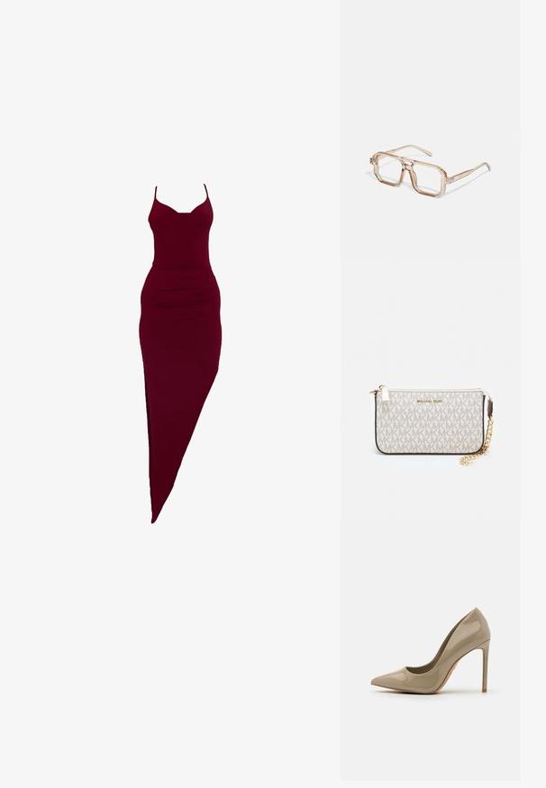 Burgundy fitted dress with spaghetti straps, featuring a side slit and ruched detailing at the waist, made of stretchy fabric.; Beige patent leather high heel shoe with a pointed toe, sleek silhouette, and a stiletto heel. Smooth texture with minimal detailing.; Transparent hexagonal eyeglasses with light brown tones; thick, clear frames and slender arms; no visible logos or patterns.; Michael Kors wristlet in beige coated canvas featuring a repeating MK logo pattern, gold hardware, and a detachable chain strap.