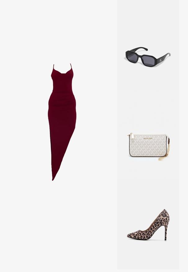 Burgundowa dopasowana sukienka na cienkich ramiączkach, z bocznym rozcięciem i marszczeniami w talii, wykonana z elastycznego materiału.; Czółenka w leopardzi wzór na wysokim obcasie z spiczastym noskiem, teksturowana tkanina, 10 cm obcas szpilka oraz gładka podszewka wewnętrzna.; Czarne okulary przeciwsłoneczne w ośmiokątnym kształcie, z ciemnymi soczewkami, błyszczącym plastikowym materiałem i srebrnym akcentem z logo z jednej strony.; Portfel na nadgarstek marki Michael Kors w beżowej, pokrytej płótnem, z powtarzającym się wzorem logo MK, złotym okuciem i odpinanym łańcuszkowym paskiem.; Złote metaliczne kolczyki o falistym wzorze; gładka, odblaskowa powierzchnia; asymetryczny kształt; brak widocznych wzorów lub elementów metalowych.