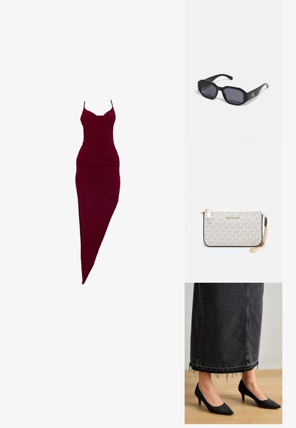 Burgundiškai prigludusi suknelė su špagetinėmis petnešėlėmis, su šoniniu įpjovimu ir surauktomis detalėmis juosmens srityje, pagaminta iš tamprios medžiagos.; Juodos suedinės aukštakulnės su smailiu priekiu ir 3 colių (apie 7,5 cm) kulnu, derinamos su ilga tamsiai mėlyna džinsine sijonu, turinčiu šlepetės detalių.; Juodi akiniai nuo saulės su aštuonkampiu rėmu, tamsiais lęšiais, blizgiais plastikiniais matiniais ir sidabriniu logotipo akcentu vienoje pusėje.; Michael Kors rankinė smėlio spalvos dengto kanvoje su pakartotiniu MK logotipo raštu, auksinėmis detalėmis ir nuimamu grandininiu dirželiu.; Auksiniai auskarai su įvairiais dizainais, įskaitant studus, žiedus ir kabančius modelius su perlų ir kristalų akcentais.