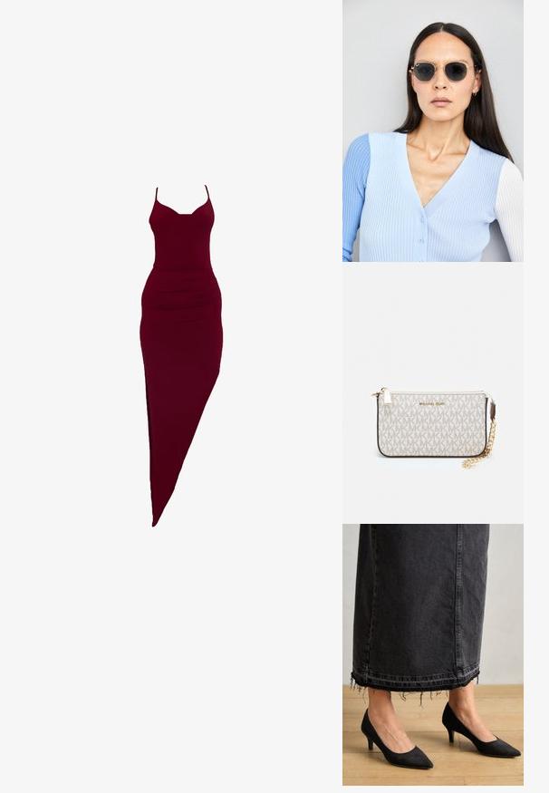 Burgundijas pieguļoša kleita ar plānajām lencēm, ar sānu šķēlumu un drapējumu detaļām jostasvietā, izgatavota no elastīga auduma.; Melni zamšveida zābaki ar norādītu purngalu un 7,5 cm papēdi, saskaņoti ar garu tumšo džinsa svārku ar saplēstām malām.; Apaļas saulesbrilles ar tumšiem objektīviem un zeltītām rāmēm. Modelis valkā gaiši zilu, ribotu kardigānu ar pogām un kontrastējošām baltām piedurknēm.; Michaela Korsa rokassomi bez̦ā īšojuma, kas izgatavota no apklāta kanvas, iekļaujot atkārtotu MK logotipa rakstu, zelta aparatūru un noņemamu ķēdes siksnu.