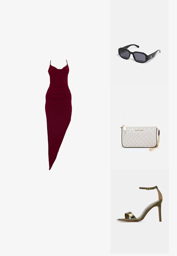 Burgundijas pieguļoša kleita ar plānajām lencēm, ar sānu šķēlumu un drapējumu detaļām jostasvietā, izgatavota no elastīga auduma.; Zelta augstpapēžu sandaļi ar potītes siksniņu un sprādzi, atvērta pirksta daļa, šaurs stiletto papēdis un spīdīga metāliska apdare uz viendabīga fona.; Melni saulesbrilles ar astoņstūra rāmjiem, tumšiem objektīviem, spīdīgu plastmasas materiālu un sudraba logotipu akcentu vienā pusē.; Michaela Korsa rokassomi bez̦ā īšojuma, kas izgatavota no apklāta kanvas, iekļaujot atkārtotu MK logotipa rakstu, zelta aparatūru un noņemamu ķēdes siksnu.; Zelta metāla auskari ar viļņveida dizainu; gluda, atstarojoša virsma; asimetrisks formas; nav redzamu rakstu vai piederumu.