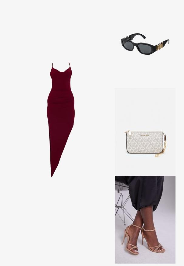 Burgundowa dopasowana sukienka na cienkich ramiączkach, z bocznym rozcięciem i marszczeniami w talii, wykonana z elastycznego materiału.; Beżowe sandały na obcasie ozdobione kryształami, z odkrytymi palcami, cienkimi paskami i elegancką sylwetką.; Czarne okulary przeciwsłoneczne z masywną, geometryczną ramką, ciemnymi soczewkami i złotymi metalowymi akcentami na zausznikach, z okrąłym detalem herbu.; Portfel na nadgarstek marki Michael Kors w beżowej, pokrytej płótnem, z powtarzającym się wzorem logo MK, złotym okuciem i odpinanym łańcuszkowym paskiem.