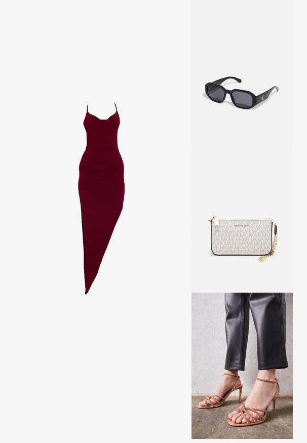 Burgundia sobiv kleit spagetti rihmadega, külgisegamis ja vöökohtade väänamise detailidega, valmistatud venivast kangast.; Roosa kuldne kontsaga sandaalid on kaunistatud ristuvate rihmadega, millel on väikesed helmestega kaunistused. Kontsad on kitsad, läikiva viimistlusega ja reguleeritavate pahkluuri rihmadega.; Mustad prillid, millel on oktagonaalne raam, tumedad läätsed, läikiv plastmaterjal ja hõbedane logo aksent ühel küljel.; Michael Korsi randmevõru beige kaetud kangast, millel on korduv MK logo muster, kuldne riistvara ja eemaldatav ahelistrap.; Kuldsetest metallist kõrvarõngad lainelise disainiga; sile, peegeldav pind; asümmeetriline kuju; nähtavad mustrid või kinnitused puuduvad.