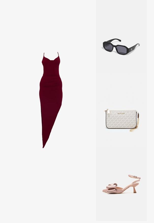 Burgundy fitted dress with spaghetti straps, featuring a side slit and ruched detailing at the waist, made of stretchy fabric.; Pink satin heeled slingback shoe with a pointed toe, bow detail on the front, and a narrow ankle strap. The heel is a tapered block shape.; Black sunglasses with an octagonal frame, dark lenses, glossy plastic material, and a silver logo accent on one side.; Michael Kors wristlet in beige coated canvas featuring a repeating MK logo pattern, gold hardware, and a detachable chain strap.; Gold metallic earrings with a wavy design; smooth, reflective surface; asymmetric shape; no visible patterns or hardware.