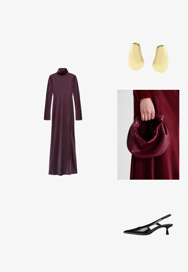 Long sleeve, turtleneck dress in deep burgundy, made of smooth fabric. Features a straight silhouette and reaches mid-calf. No visible patterns.; Black patent leather slingback shoe with pointed toe, cut-out detail, and a short block heel. Smooth texture and minimal accents.; Burgundy leather handbag with a soft, gathered design and a rounded shape. The handle is secured, showcasing a smooth texture.; Asymmetrical smooth shiny gold stud earrings with irregular rounded shapes on a white background.