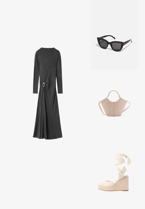 Langærmet grå kjole lavet af blødt stof. Har en twist-detalje i taljen med en rund sølvhardware accent. Strømmende skørt.; Sandal med kilehæl, lavet af vævet tekstureret beige overdel, stofankelindpakning og flettet jute kile. Har lukket hæl og åben tå-design.; Sorte cat-eye solbriller med mat finish, der har grå tonede linser, skarpe vinkler og slanke sidearme. Mærkenavnet er synligt på den indre arm.; Lysebrun læderhåndtaske med en unik form, featuring to korte håndtag og et langt justerbart rem. Glat tekstur med minimal hardware.