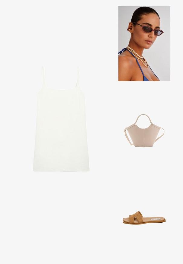 Débardeur blanc sans manches avec des bretelles fines, fabriqué en tissu doux. Coupe droite avec un décolleté carré, présentant une texture lisse et uniforme.; Sandale à glissière en suède beige avec deux larges brides à découpes, semelle plate et logo discret sur la semelle intérieure.; Lunettes de soleil marron en forme de chat avec des verres foncés, colliers en perles brunes délicats, et un haut en tissu bleu. Peau lisse avec un fini naturel.; Sac à main en cuir beige avec une forme unique, doté de deux poignées courtes et d'une longue sangle réglable. Texture lisse avec un minimum de matériel.