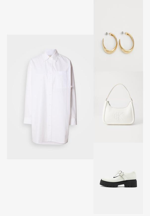 Calvin Klein Jeans OVERSIZED MINI SHIRTDRESS - Rochie tip cămașă - brilliant white; Pantofii din piele albă lăcuită cu un design T-bar, cataramă argintie, talpă groasă din cauciuc negru și accente texturate pe toc și talpă.; Geantă de umăr din piele albă cu formă curbată, având un logo "CK" embosat pe partea din față și un singur braț de umăr. Închidere cu fermoar în partea de sus.; Cercei cercei de tip hoop de culoare aurie, cu un design neted și curbat. Fabricate din metal, având un finisaj elegant și închidere cu tijă.
