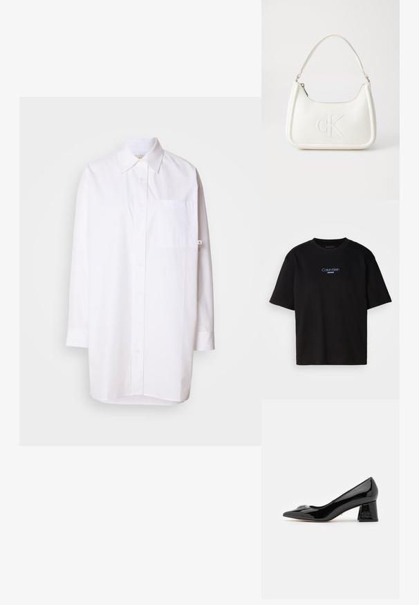 Calvin Klein Jeans OVERSIZED MINI SHIRTDRESS - Blousejurk - brilliant white; Zwart katoenen T-shirt met ronde hals, korte mouwen en blauw geborduurd "Calvin Klein JEANS" logo op de voorkant.; Zwarte lakleren pump met een spitse neus en een stevige blokhak. Beschikt over een decoratieve accent op de neus en een gladde, glanzende textuur.; Witte lederen handtas met een gebogen vorm, voorzien van een reliëf "CK" logo aan de voorkant en een enkele schouderriem. Ritsluiting aan de bovenkant.