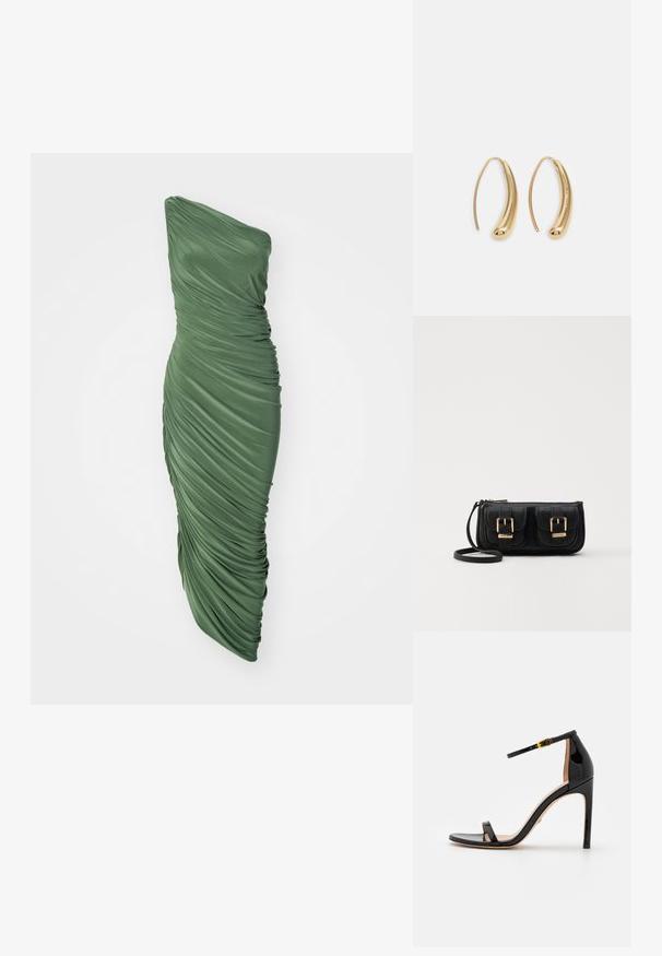Zelené šaty na jedno rameno vyrobené z nabrané, strukturované látky, s přiléhavým siluetem, které se rozšiřují až k lemu.; Stuart Weitzman NUDISTSONG - Sandály na vysokém podpatku - black; Černá kožená crossbody taška se dvěma předními kapsami, zlatými přezkami, zipovým uzávěrem a štíhlým popruhem. Texturovaný povrch a kompaktní obdélníkový tvar.; Náušnice ve tvaru kruhu z pozlaceného kovu s vroubkovaným, prodlouženým tvarem. Mají hladký, lesklý povrch a zaoblený konec pro zvýraznění detailu.