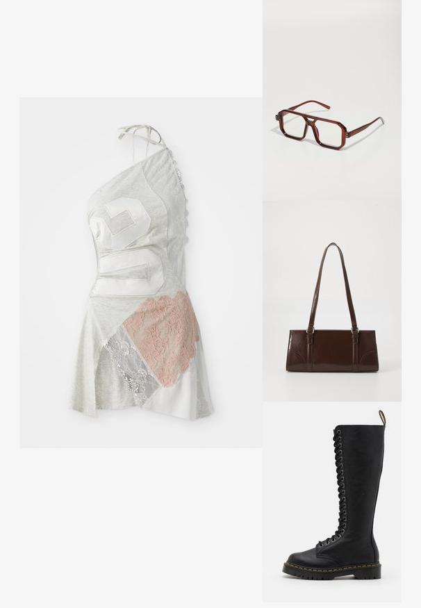 Asymmetrical dress features gray fabric with patchwork design, including white and pale pink lace accents, and a large white number 26.; Black knee-high leather boots with a chunky sole, featuring a lace-up front, metallic eyelets, and contrasting yellow stitching.; Brown transparent oversized glasses with rectangular lenses and slender arms. Angled, slightly rounded corners and visible hardware accents.; Brown patent leather handbag with a rectangular shape, two long handles, and subtle curved accents on the front.