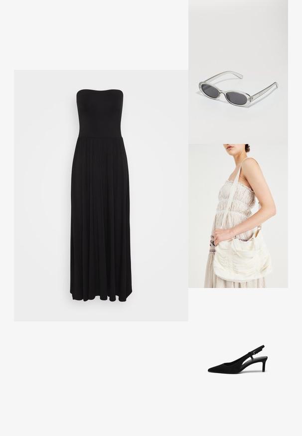 Robe maxi noire sans manches en tissu extensible, mettant en valeur un corsage ajusté et une jupe fluide avec des détails plissés pour plus de volume.; Chaussure slingback en suede noir avec un bout pointu, un talon bas, un côté ouvert et une sangle ajustable dotée d'une boucle en métal. Texture lisse.; Lunettes de soleil de forme ovale, monture en plastique transparent, verres gris foncé et branches transparentes fines avec des accents de logo et un minimalisme dans les détails.; Sac à épaule en tissu blanc avec une texture froncée, une bandoulière réglable et des finitions en argent. Présenté à côté d'une robe couleur crème.