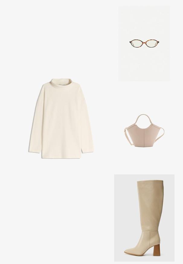 Krema boje turtleneck pulover s dugim rukavima, opuštenog kroja i bočnim prorezima na rubu. Izrađen je od mekanog, teksturiranog materijala.; Bež kožni čizmama do koljena s šiljastim vrhom, teksturiranim blok petom i glatkom površinom. Šavovi na gležnju i gornjem rubu.; Naočale u boji kornjače s ovalnim staklima i elegantnim, glatkim završetkom. Imaju tanke strane s suptilnom krivuljom na sljepoočnicama. Prozirna stakla.; Bež kožna torba jedinstvenog oblika, s dva kratka ručka i dugom podesivom trakom. Glatka tekstura s minimalnim metalnim dodacima.