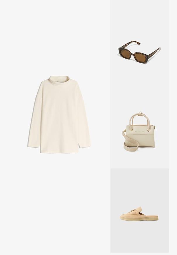 Cream-colored turtleneck sweater with long sleeves, relaxed fit, and side slits at the hem. Made from soft, textured fabric.; Beige suede slip-on shoe with a rounded toe, decorative stitching, and a gold-toned hardware accent. Flat sole and soft interior lining.; Tortoiseshell sunglasses with a rounded, chunky frame and brown lenses. Features subtle patterns and straight, tapered arms.; Beige leather handbag with top handles, adjustable strap, logo detail, and gold-tone hardware. Smooth texture and structured shape.