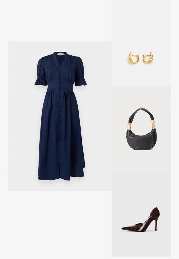 Navy blue maxi dress with a V-neck, puff sleeves, button-down front, and gathered waist, made of lightweight fabric for comfort.; Brown patent leather high-heeled pump with a pointed toe and cut-out sides, featuring a thin heel and smooth finish.; Black leather handbag with a round shape, soft texture, and a knotted handle featuring gold-tone hardware accents. Zipper closure.; Gold hoop earrings featuring a smooth, rounded design with a polished finish. The earrings have a compact, chunky shape and a seamless clasp.