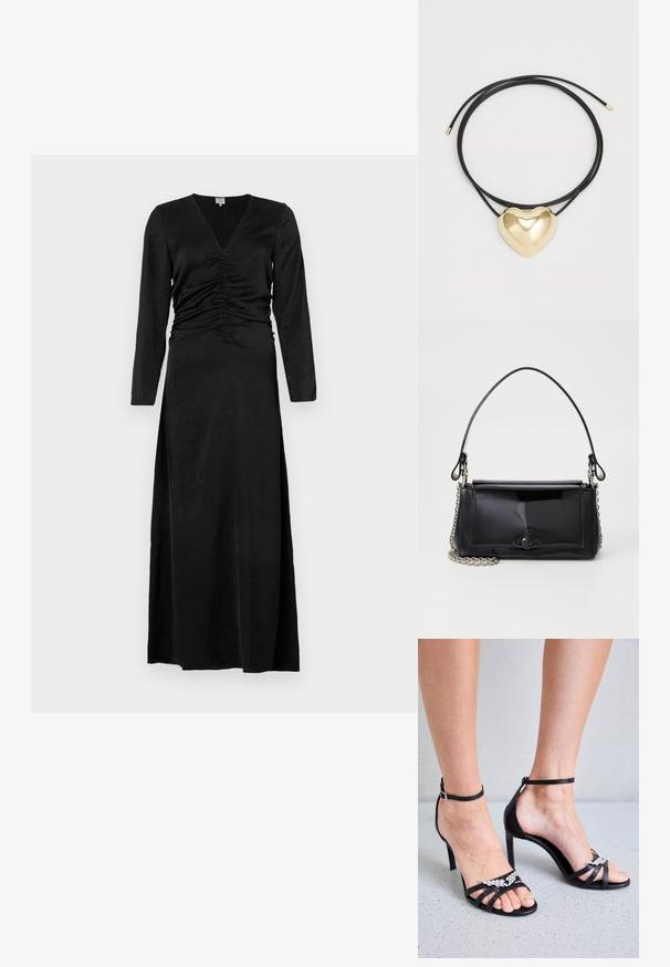 Black long-sleeve dress with a V-neck, featuring ruched details at the waist and a side slit, made from a smooth, lightweight fabric.; Zadig & Voltaire AMEE WING EMBOSSED IGUANA - High heeled sandals - noir; Black patent leather handbag with a rectangular shape, chain strap, and a distinctive hardware accent in the center. Smooth texture.; Black braided cord necklace featuring a polished gold heart pendant with smooth curves and a glossy finish.