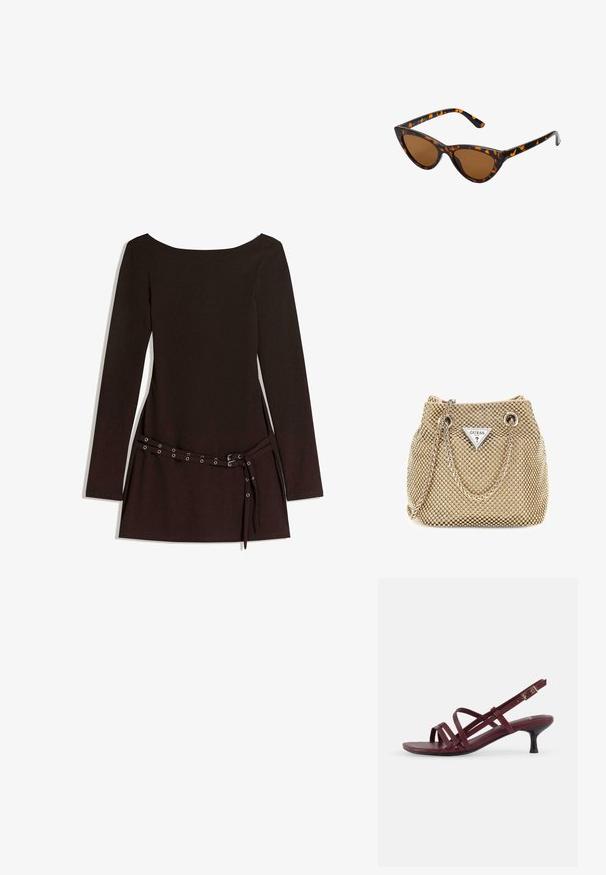 Musta pitkähihainen mekko, jossa on leveä kaula-aukko, vyötäröllä vyö metallisilla silmäpaloilla ja sileä kangas.; Burgundy nahka sandaali, jossa on useita ristiin meneviä hihnoja, siro nilkkahihna ja pieni, kapeneva korko. Tasainen pinta.; Kattöga solglasögon med en svart och orange sköldpaddsmönstrad båge, bruna linser och slanka, spetsiga spetsar. Har en minimal logotyp på skalmen.; Kultainen käsilaukku, joka on valmistettu teksturoidusta kankaasta, sisältää pyöreitä metallistukkeja, kolmionmuotoisen logolevyn ja ketjuhihnan, jossa on pyöreitä metalliputkia.