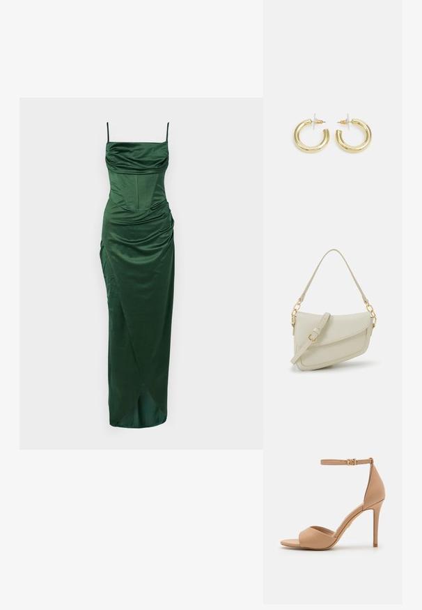 Robe de soirée en satin vert avec des bretelles fines, un corsage ajusté, des détails drapés et une fente sur le côté pour plus d'élégance.; ALDO CRERIDE PILLOW WALK - Sandales - beige; Petit sac à main crème avec une finition texturée, une longue sangle réglable, un accent en chaîne et une fermeture à rabat. Détails en matériel doré.; Boucles d'oreilles en or avec une finition lisse et brillante. Design circulaire présentant un petit clou et une attache transparente pour un port sécurisé.