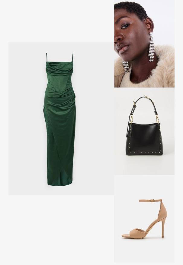 Zöld selyem esti ruha vékony pántokkal, illeszkedő felsőrésszel, redőzött részletekkel és oldalsó hasítékkal a még nagyobb elegancia érdekében.; ALDO CRERIDE PILLOW WALK - Szandálok - beige; Fekete bőrtáska jól definiált formával, arany szegecsekkel a széleken és levehető pánttal, arany kiegészítőkkel.; Ezüst csepp fülbevalók, több áttetsző strasszal díszítve, vízesésszerű kialakítással és textúrált felületekkel, neutrális háttér előtt.