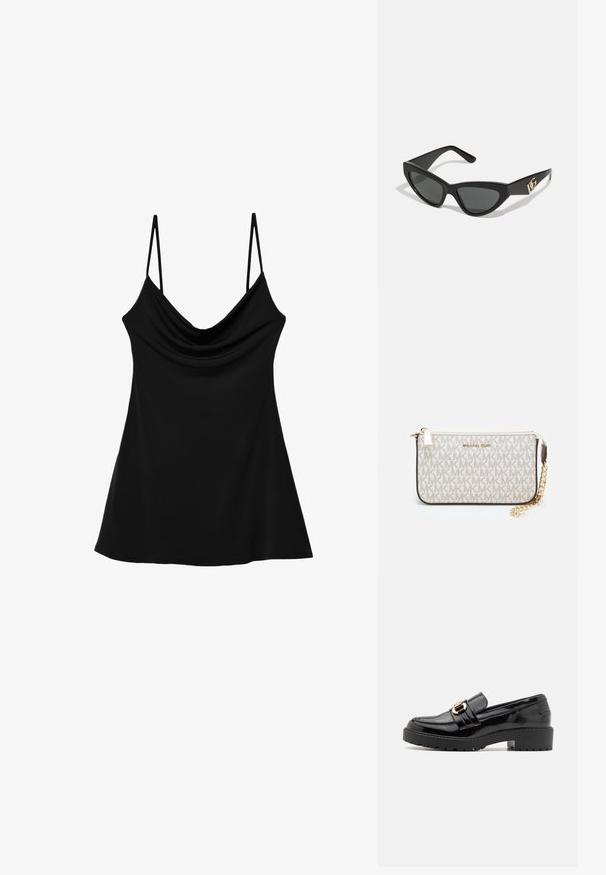 Czarny bezrękawnik z dekoltem w kształcie cowl, wykonany z gładkiego materiału. Posiada cienkie regulowane ramiączka oraz rozszerzający się, zwiewny krój.; Czarne lakierowane mokasyny na niskim obcasie, z wyraźną złotą klamrą oraz teksturowaną, bieżnikowaną podeszwą.; Okulary przeciwsłoneczne w kształcie kocich oczu z matową czarną oprawką z plastiku, ciemnymi soczewkami oraz złotym akcentem z logo na zausznicy. Kanciasty kształt i gładka tekstura.; Portfel na nadgarstek marki Michael Kors w beżowej, pokrytej płótnem, z powtarzającym się wzorem logo MK, złotym okuciem i odpinanym łańcuszkowym paskiem.