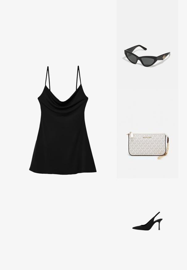 Czarny bezrękawnik z dekoltem w kształcie cowl, wykonany z gładkiego materiału. Posiada cienkie regulowane ramiączka oraz rozszerzający się, zwiewny krój.; Czarna szpilka slingback z ostrym noskiem, wykonana z gładkiego materiału. Posiada smukły obcas oraz wycięcia po bokach, co nadaje elegancką sylwetkę.; Okulary przeciwsłoneczne w kształcie kocich oczu z matową czarną oprawką z plastiku, ciemnymi soczewkami oraz złotym akcentem z logo na zausznicy. Kanciasty kształt i gładka tekstura.; Portfel na nadgarstek marki Michael Kors w beżowej, pokrytej płótnem, z powtarzającym się wzorem logo MK, złotym okuciem i odpinanym łańcuszkowym paskiem.