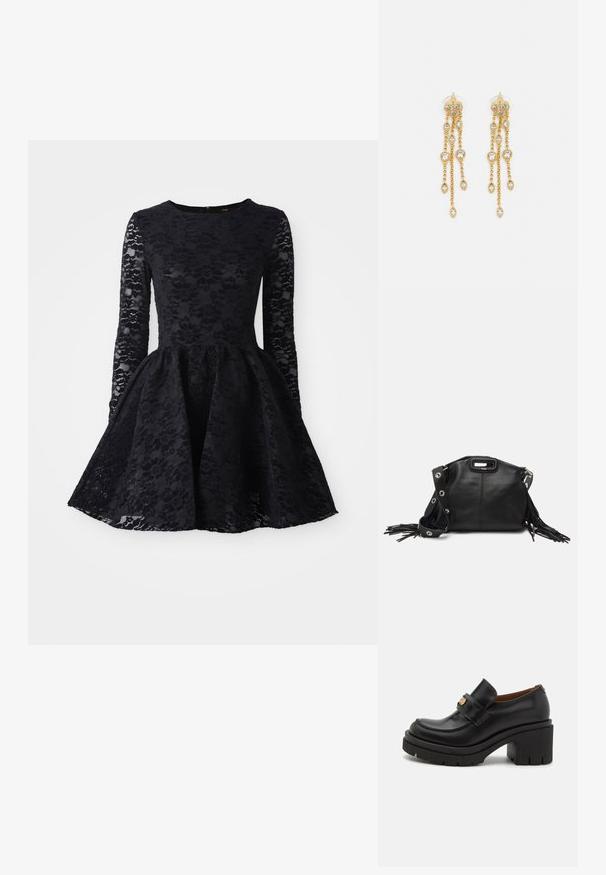 Fekete csipkeruha hosszú ujjal, kerek nyakkivágással és bővülő szoknyával. A csipke borítás virágmintával díszített.; Fekete bőr mokaszinok magas, vastag platformmal és textúrált talppal rendelkeznek. Öltött mintával készülték, és aranyszínű részlet található a pánton.; Maje MISS MINI - Keresztpántos táska - noir; Aranyszínű fülbevalók, több zuhanó lánccal, tiszta ovális strasszköves díszítéssel és dekoratív fülbevaló tetejével.