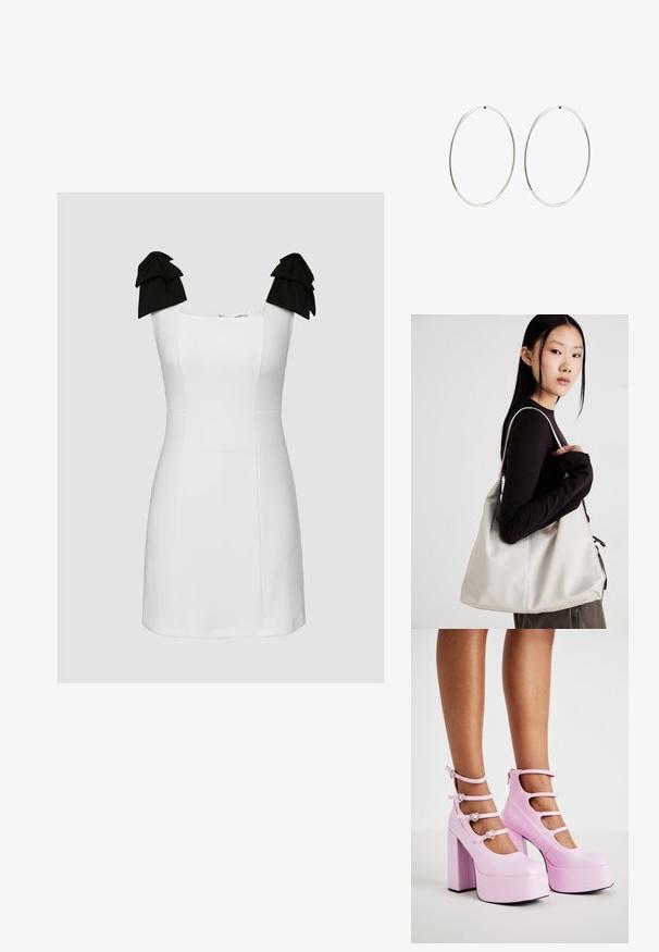 Bijela kratka haljina s kvadratnim izrezom, teksturiranom tkaninom i crnim nabranim detaljima na naramenicama. Oblikovana je tako da se lijepo prilagođava tijelu s čistim linijama.; Koi Footwear PEARL DEWDROP PLATFORM HEELS - Visoke pete - pink; Bežna torba od mekog materijala s opuštenim dizajnom, šivanim detaljima i dva remena za rame. Pogodna za svakodnevnu upotrebu.; Srebrne naušnice od obruča s glatkim, okruglim dizajnom i poliranim završetkom. Tanak su i lagani, s jednostavnim zatvaranjem.