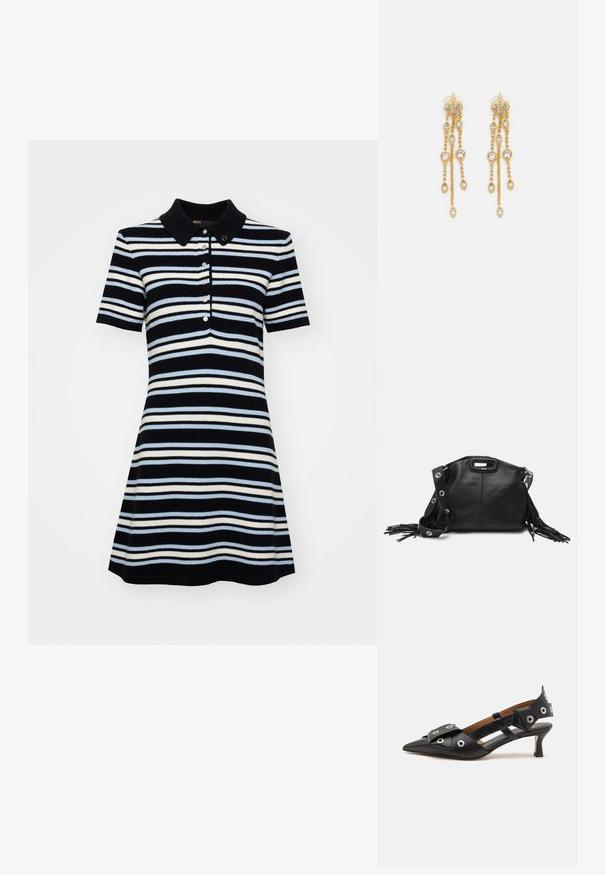 Short-sleeved polo dress with a fitted bodice and flared skirt, featuring navy, light blue, and white horizontal stripes, and three buttons.; Black leather slingback shoe with pointed toe, featuring decorative loops, a low kitten heel, and cutout side design.; Maje MISS MINI - Cross body bag - noir; Gold-tone earrings with multiple cascading chains, featuring clear oval rhinestone accents and decorative stud tops.