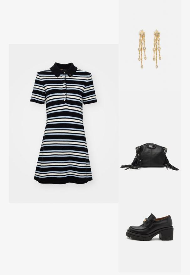 Polo šaty s krátkym rukávom, priliehajúcim vrškom a rozšírenou sukňou, s námorníckou modrou, svetlomodrou a bielou vodorovnou prúžkovanou vzorom a tromi gombíkmi.; Čierne kožené mokasíny majú vysokú, hrubú platformu s textúrovanou podrážkou. Obsahujú prešité detaily a zlatý akcent na remeni.; Maje MISS MINI - Taška cez plece - noir; Zlaté náušnice s mnohými kaskádovými reťazcami, ozdobené jasnými oválnymi kryštálmi a dekoratívnymi puzdrami.