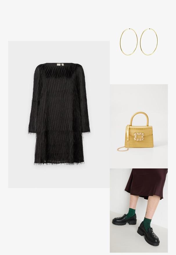 Schwarzes Kleid mit einem strukturierten, fransigen Design, langen Ärmeln und einem runden Ausschnitt. Der Stoff wirkt durchscheinend mit einer fließenden Silhouette.; Schwarze Lederloafers mit dicken Sohlen, silbernen Hardware-Akzenten und grünen glitzernden Socken. Der Rock ist dunkelburgunderrot und bodenlang.; Gelbe Kunstleder-Handtasche im Krokodil-Look mit strukturiertem Design, Obergriff, abnehmbarem Kettenriemen und dekorativer Kristallverzierung am Verschluss.; Goldene Creolen mit einem glatten, runden Design. Dünn und leicht, mit einem durchgehenden Ring ohne Verzierung.