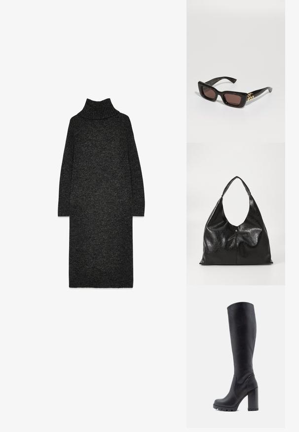 Tumehall villane kõrge kaelusega kleit, millel on mugav lõige, pikad varrukad ja tekstureeritud viimistlus. Omab soonikut kaeluses ja allääres.; Mustad mustekohviline saabas, sileda nahk materjal, jäme konts, ümar varvas, tekstureeritud talla gripp, õhuke disain ilma kaunistusteta.; Mustad kilpkonna pruunide läätsedega päikeseprillid, paksu raamiga ja kuldse topelt-G logo detailiga põlves.; Must musta hobo kott mustast nahast, millel on sile ja särav pind, laia kõverda käepidemetega ja peene eespogunaga, mis on varustatud metallist nööbiga.; Kuldtooni hoop-kõrvarõngad, millel on kilpkonnamustriga vaikserv äär, omavad siledat viimistlust ja elegantselt ümarat kuju.