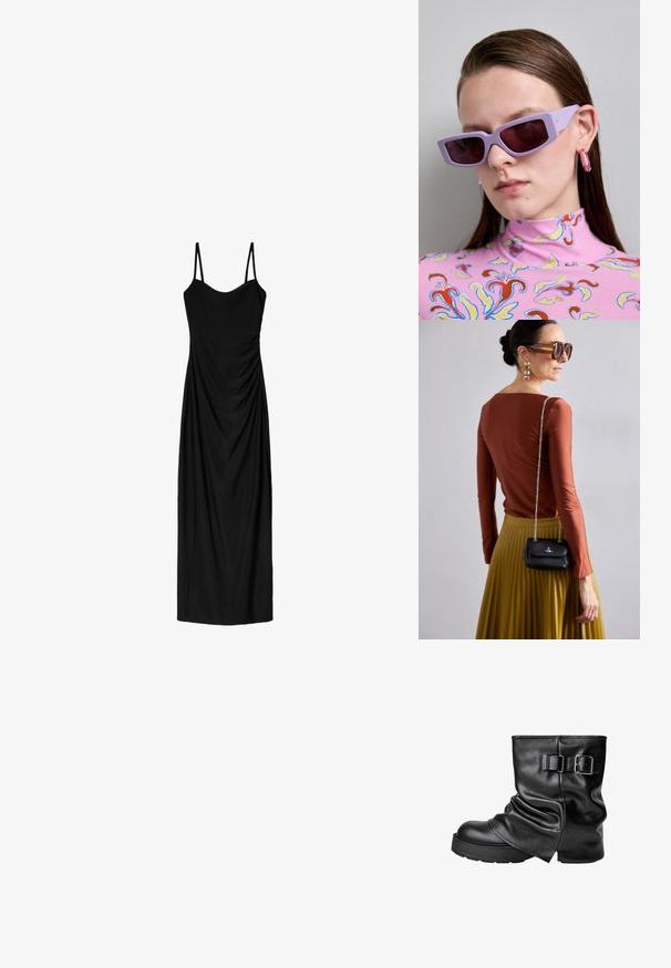 Čierne midi šaty s tenkými nastaviteľnými ramienkami, s prekrývajúcim sa dizajnom a hladkou textúrou. Žiadne viditeľné vzory ani zdobenie.; Čierne kožené členkové čižmy s uvoľneným dizajnom, štvorcovou špičkou a bočným prackovým detailom. Hrubá podšívka poskytuje dodatočnú výšku a stabilitu.; Fialové obdĺžnikové slnečné okuliare s tmavo tónovanými sklami, nosené s ružovým vzorovaným rolákom s kvetinovými motívmi a živými akcentmi.; Vivienne Westwood SMALL PURSE CHAIN - Taška cez plece - black