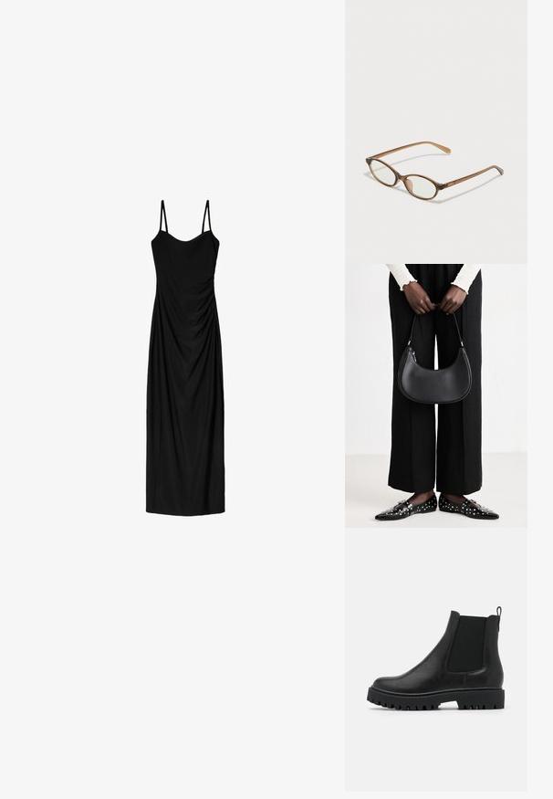 Mustat midi-mekko, jossa on ohuet säädettävät olkaimet. Mekossa on liehuva muotoilu ja sileä pinta. Ei näkyviä kuvioita tai koristeluja.; Musta nahkainen Chelsea-boot, jossa on joustavat sivupaneelit, vetoketju ja kova, paksu pohja, jossa on syviä uria pitävyyttä varten.; Ruskeat kilpikonnaruutulasiset silmälasit, joissa ovaalit linssit, ohuet varret ja läpinäkyvät yksityiskohdat. Temppeleissä on huomaamaton logo. Suunnittelultaan suora ja kevyt.; Mustapohjainen nahkalaukku, jolla on pyöreä muoto, kiiltävä pinta ja hopeiset varusteet. Henkilöllä on päällään mustat leveälahkeiset housut ja niittilapaset.