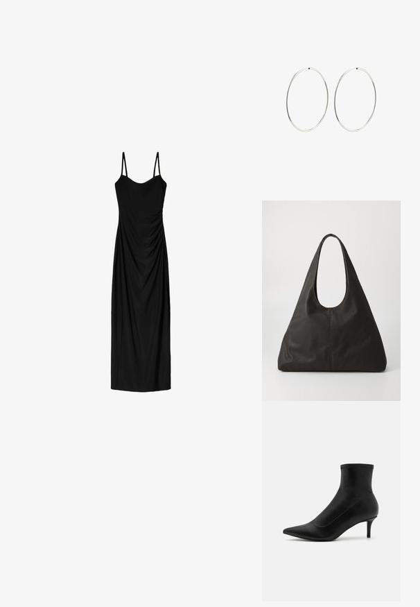 Czarna midi sukienka z cienkimi regulowanymi ramiączkami, z drapowaną formą i gładką teksturą. Brak widocznych wzorów lub ozdób.; Czarne botki za kostkę wykonane z gładkiej skóry, z klapką w kształcie spiczastym i krótkim, cienkim obcasem. Posiadają bezszwowy design i subtelne akcenty w postaci przeszyć.; Czarna skórzana torba tote z zakrzywionym uchwytem, wydłużonym trójkątnym kształtem i gładką fakturą. Charakteryzuje się minimalistycznym wzornictwem bez widocznych elementów metalowych.; Srebrne kolczyki na kółku o gładkim, okrągłym kształcie i wypolerowanym wykończeniu. Są cienkie i lekkie, z prostym zapięciem.
