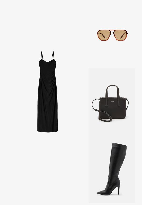 Schwarzes Midi-Kleid mit dünnen verstellbaren Trägern, das ein drapiertes Design und eine glatte Textur aufweist. Keine sichtbaren Muster oder Verzierungen.; RAID KIYOMI - Stiefel - black; Braune achteckige Sonnenbrille mit einem transparenten, bernsteinfarbenen Rahmen und braun getönten Gläsern. Verfügt über eine Metallverzierung am Steg und schlanke Bügel.; Schwarze Handtasche mit zwei kurzen, doppelt geflochtenen Griffen und einem abnehmbaren Schulterriemen. Glattes, lederähnliches Material mit einem Reißverschluss und Logodetail.