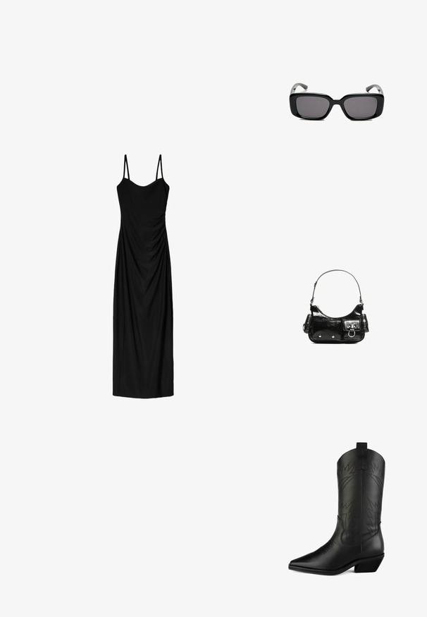 Czarna midi sukienka z cienkimi regulowanymi ramiączkami, z drapowaną formą i gładką teksturą. Brak widocznych wzorów lub ozdób.; Czarne skórzane kowbojki z ostrym noskiem, zakrzywioną cholewką, ozdobnym przeszyciem i niskim klockiem. Posiadają pętelki ułatwiające zakładanie.; Czarne prostokątne okulary przeciwsłoneczne z ciemnymi soczewkami, gładką plastikową ramką i wygiętymi zausznikami. Projekt jest masywny, o minimalistycznej estetyce.; Czarna torebka z lakierowanej skóry o zaokrąglonym kształcie, z jednym paskiem na ramię, przednimi kieszeniami i akcentami w kolorze srebrnym.
