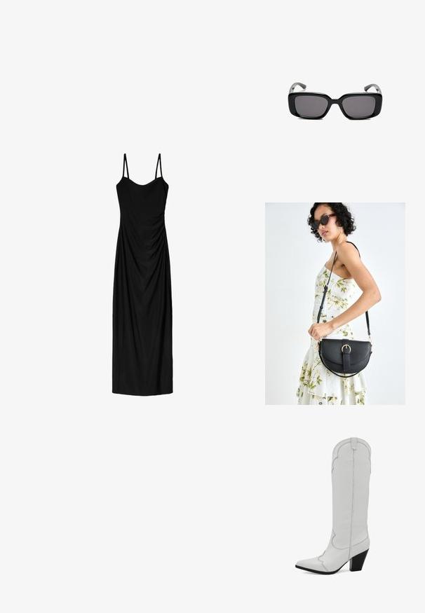 Czarna midi sukienka z cienkimi regulowanymi ramiączkami, z drapowaną formą i gładką teksturą. Brak widocznych wzorów lub ozdób.; Białe skórzane kozaki za kolano z ostrym noskiem, z falbaniastym wzorem na górze oraz czarnym obcasem w kształcie bloku. Gładka tekstura.; Czarne prostokątne okulary przeciwsłoneczne z ciemnymi soczewkami, gładką plastikową ramką i wygiętymi zausznikami. Projekt jest masywny, o minimalistycznej estetyce.; Czarna skórzana torebka o zakrzywionym kształcie, z odpinanym paskiem i złotymi akcentami. Torebka posiada klapę z zapięciem w kształcie klamry.
