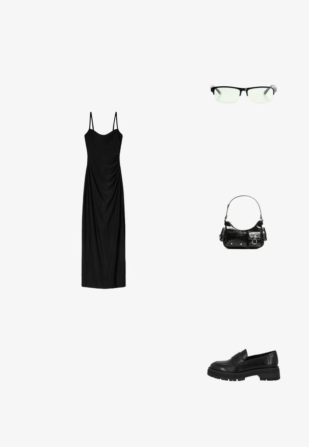 Schwarzes Midi-Kleid mit dünnen verstellbaren Trägern, das ein drapiertes Design und eine glatte Textur aufweist. Keine sichtbaren Muster oder Verzierungen.; Schwarze Lederloafers mit runder Zehe, akzentuiertem Frontgurt-Detail und dicker, robuster Gummisohle. Glatte Textur und minimalistisches Design.; Schwarze rechteckige Brille mit klaren Gläsern, ausgestattet mit schlanken schwarzen Rahmen und grauen transparenten Bügelspitzen. Minimalistisches Design, keine sichtbare Markenkennzeichnung.; Schwarze Lackleder-Handtasche mit geschwungenem Design, einem Schulterriemen, Vordertaschen und silberfarbenen Hardware-Akzenten.; Schwarze Lackleder-Handtasche mit geschwungenem Design, einem Schulterriemen, Vordertaschen und silberfarbenen Hardware-Akzenten.