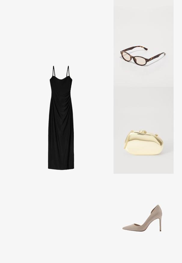 Černé midi šaty s tenkými nastavitelnémi ramínky, s draped designem a hladkou texturou. Žádné viditelné vzory nebo ozdoby.; Krémové lesklé lakované lodičky na vysokém podpatku s špičatou špičkou, mělkými vykrojenými stranami a štíhlým podpatkem. Hladká textura s lesklým povrchem.; Sluneční brýle ve tvaru zakulacené skořápky s lehkými čočkami. Mají robustní nohy se zlacenými akcenty, vyrobené z plastového materiálu.; Metalická zlatá kabelka s hladkým, zaobleným tvarem, opatřená horním zapínáním na knoflík a malým řetízkovým popruhem pro nošení.