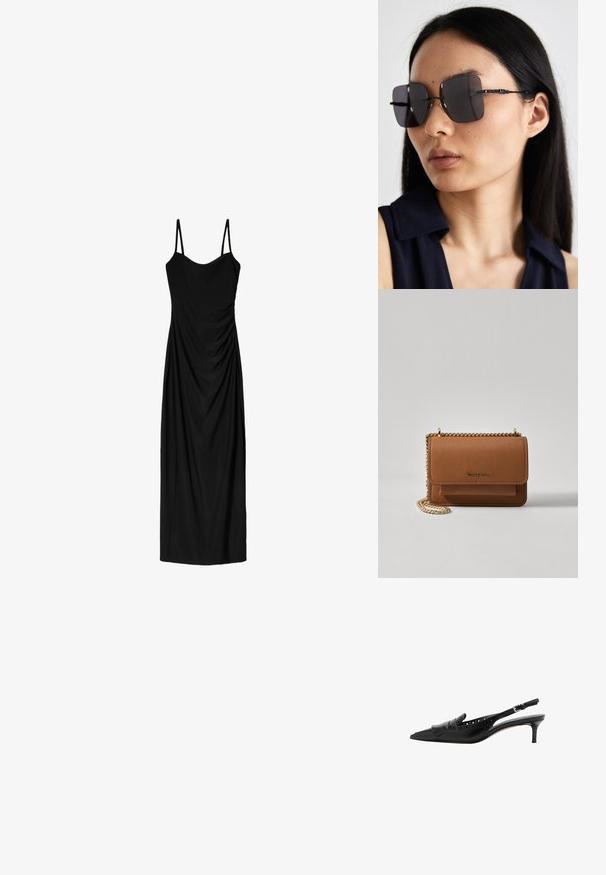 Črna midi obleka z tankimi nastavljivimi naramnicami, z drapirano zasnovo in gladko teksturo. Brez vidnih vzorcev ali okrasnih elementov.; Črne usnjene slingback čevlje s koničastim sprednjim delom, okrasnimi resami, perforiranim vzorcem in vitkim peto. Imajo nastavljiv gleženjski trak.; Črne oversized sončne očala s kvadratnimi lečami, tankimi črnimi okvirji in zapletenimi vzorčastimi detajli na ščitevcu. Oblečena jih ima model z dolgimi črnimi lasmi.; Rjava teksturirana usnjena torba čez ramo z zlatim verižnim trakom in zapiranjem na pokrov. Spredaj je vidna podrobnost logotipa in žep pod pokrovom.