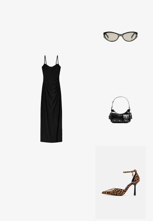Robe noire midi avec de fines bretelles réglables, présentant un design drapé et une texture lisse. Pas de motifs ni d'ornementations visibles.; Chaussure à talon haut en imprimé léopard avec bout pointu, texture en velours, lanière à la cheville et boucle ornée de cristaux. Talon aiguille noir.; Lunettes de soleil noires en forme de chat avec des verres teintés gris. La monture en plastique présente des bords nets et une finition lisse et brillante.; Sac à main en cuir verni noir avec une forme incurvée, une bandoulière, des poches avant et des accents en métal argenté.