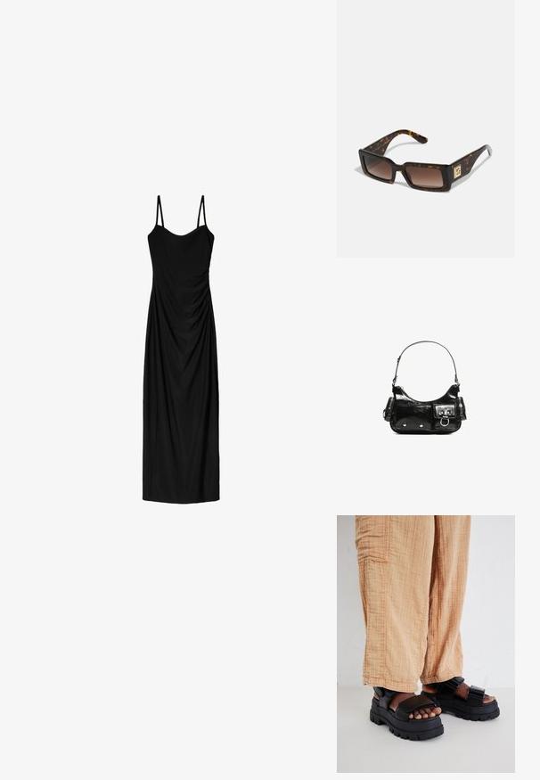 Fekete midi ruha vékony, állítható pántokkal, amely drapált designnal és sima textúrával rendelkezik. Nincsenek látható minták vagy díszítések.; Fekete, vastag talpú, tömör szandál, széles pántos dizájnnal és állítható csattal, lazán viselt világos bézs, texturált nadrággal párosítva.; Tortojáspis napszemüveg téglalap alakú kerettel, barna átmenetes lencsékkel és arany díszítéssel a halántéknál. Sima műanyag anyag.; Fekete lakkbőr kézitáska ívelt formával, egy vállpánttal, elülső zsebekkel és ezüstszínű fémrészletekkel.