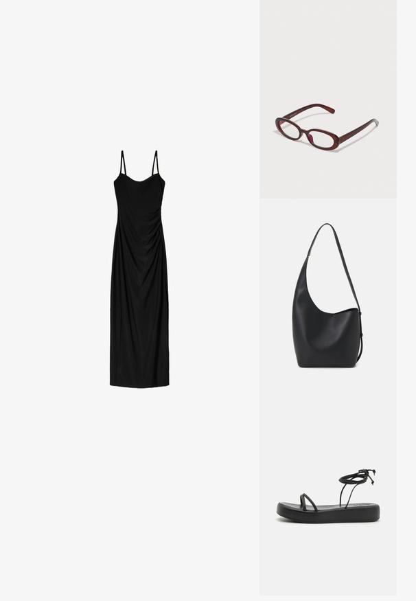 Čierne midi šaty s tenkými nastaviteľnými ramienkami, s prekrývajúcim sa dizajnom a hladkou textúrou. Žiadne viditeľné vzory ani zdobenie.; Čierne ploché sandále s širokou podrážkou, tenkými remienkami a nastaviteľným viazaním pri členku. Hladký povrch s minimalistickým dizajnom.; Okuliare v oválnom tvare s červenými sklami a elegantným hnedým rámom. Dizajn sa vyznačuje jemnými krivkami a minimálnym hardvérom.; Čierna kožená hobo taška so hladkou textúrou, zakriveným tvarom a jedným nastaviteľným popruhom; má široké otvorenie na vrchu.