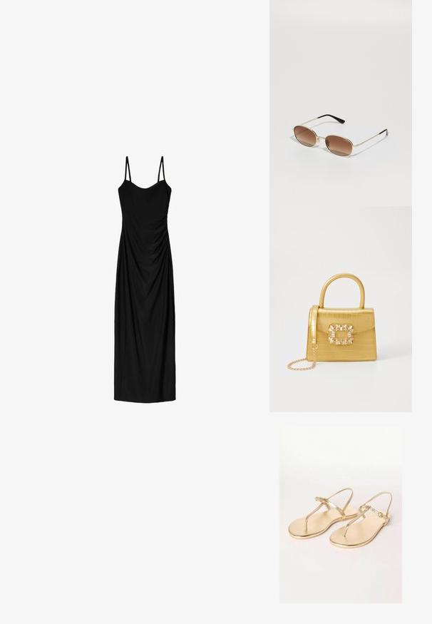 Fekete midi ruha vékony, állítható pántokkal, amely drapált designnal és sima textúrával rendelkezik. Nincsenek látható minták vagy díszítések.; Friends Like These REGULAR FIT - TOE THONG FIT - T-pántos szandálok - gold; VOGUE Eyewear Napszemüvegek - pale gold-coloured; Sárga műbőr krokodil mintás kézitáska strukturált kialakítással, felső fogantyúval, leválasztható lánccal és díszes kristály díszítéssel a záron.; Sárga műbőr krokodil mintás kézitáska strukturált kialakítással, felső fogantyúval, leválasztható lánccal és díszes kristály díszítéssel a záron.