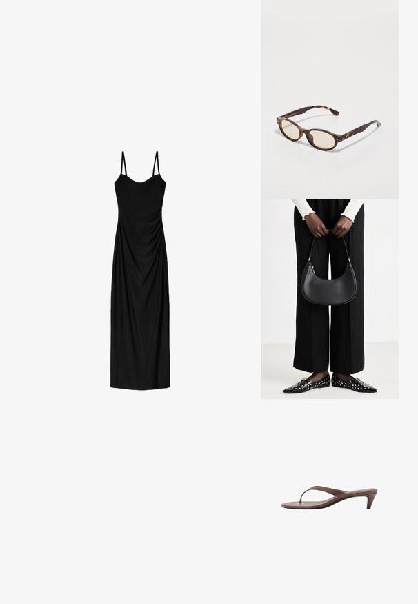Black midi dress with thin adjustable straps, featuring a draped design and smooth texture. No visible patterns or embellishments.; Brown heeled flip-flop sandal with a slender strap and rounded toe post, featuring a small gold accent on the footbed.; Tortoiseshell sunglasses with a rounded shape and light lenses. Features sturdy arms with small gold accents, made from plastic material.; Black leather shoulder bag with a rounded shape, glossy finish, and silver hardware. Person wearing black wide-leg pants and studded loafers.