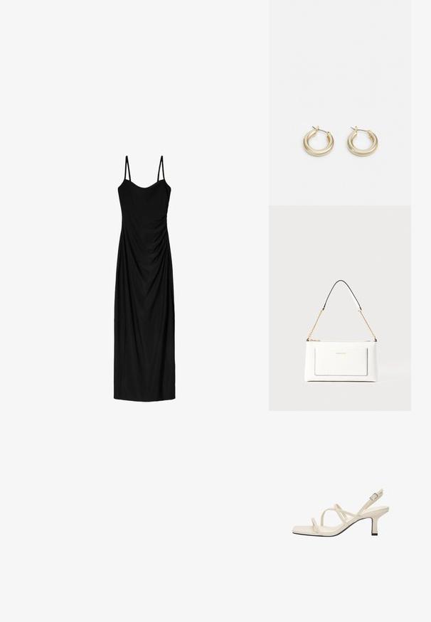Schwarzes Midi-Kleid mit dünnen verstellbaren Trägern, das ein drapiertes Design und eine glatte Textur aufweist. Keine sichtbaren Muster oder Verzierungen.; Beige Riemchensandale mit quadratischer Spitze, mit dünnen Riemen und einem niedrigen Blockabsatz. Glattes Material mit kontrastierendem schwarzen Saum.; Weißes Lederhandtasche mit strukturierter Oberfläche, ausgestattet mit einem goldenen Kettenriemen und schwarzen Akzenten. Enthält eine Fronttasche und einen Reißverschluss.; Lauren Ralph Lauren BASIC SMALL HOOP - Ohrringe - gold-coloured