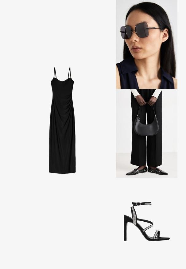 Černé midi šaty s tenkými nastavitelnémi ramínky, s draped designem a hladkou texturou. Žádné viditelné vzory nebo ozdoby.; Černé semilové sandály na vysokém podpatku s křížovými pásky a štíhlým páskem kolem kotníku. Obsahují akcenty z kamínků podél pásků. Otevřená špička.; Černé oversized sluneční brýle se čtvercovými skly, tenkými černými obroučkami a složitými vzorovanými detaily na nohách. Nosí je modelka s dlouhými černými vlasy.; Černá kožená kabelka přes rameno s kulatým tvarem, lesklým povrchem a stříbrnými kovovými prvky. Osoba v černých širokých kalhotách a s ozdobenými mokasíny.