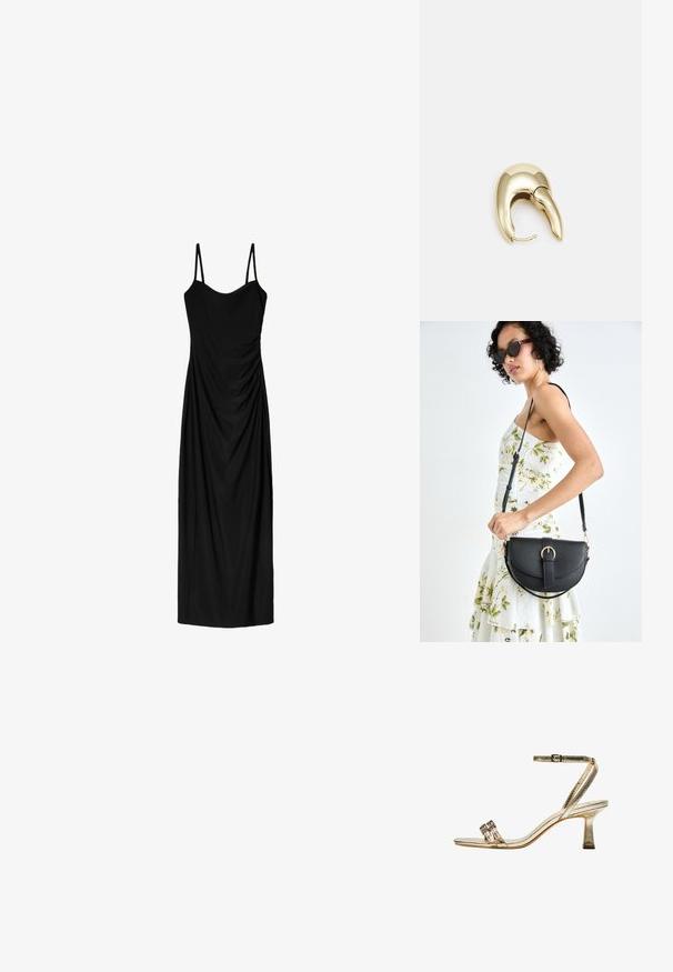 Black midi dress with thin adjustable straps, featuring a draped design and smooth texture. No visible patterns or embellishments.; Golden metallic high-heeled sandal with ankle strap, two narrow front bands, and a block heel. Features decorative embellishments.; Black leather handbag with a curved shape, detachable strap, and gold hardware. The bag features a flap with a buckle detail.; Gold-tone metal earring with a sleek, curved design. Features a distinctive pointed shape, polished surface, and hinge closure.